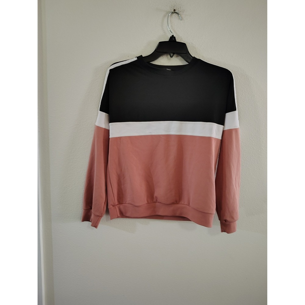 O to S Womens Colorblock Sweatshirt Black Pink White Stripe Pullover Medium